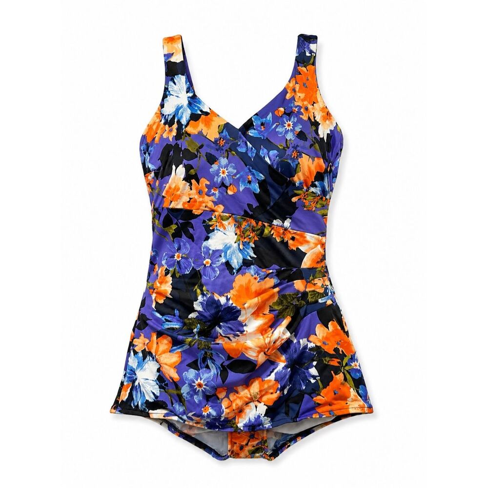 Maxine of Hollywood One Piece Swimsuit Size 16 Floral Tummy Control V-Neck Swimd